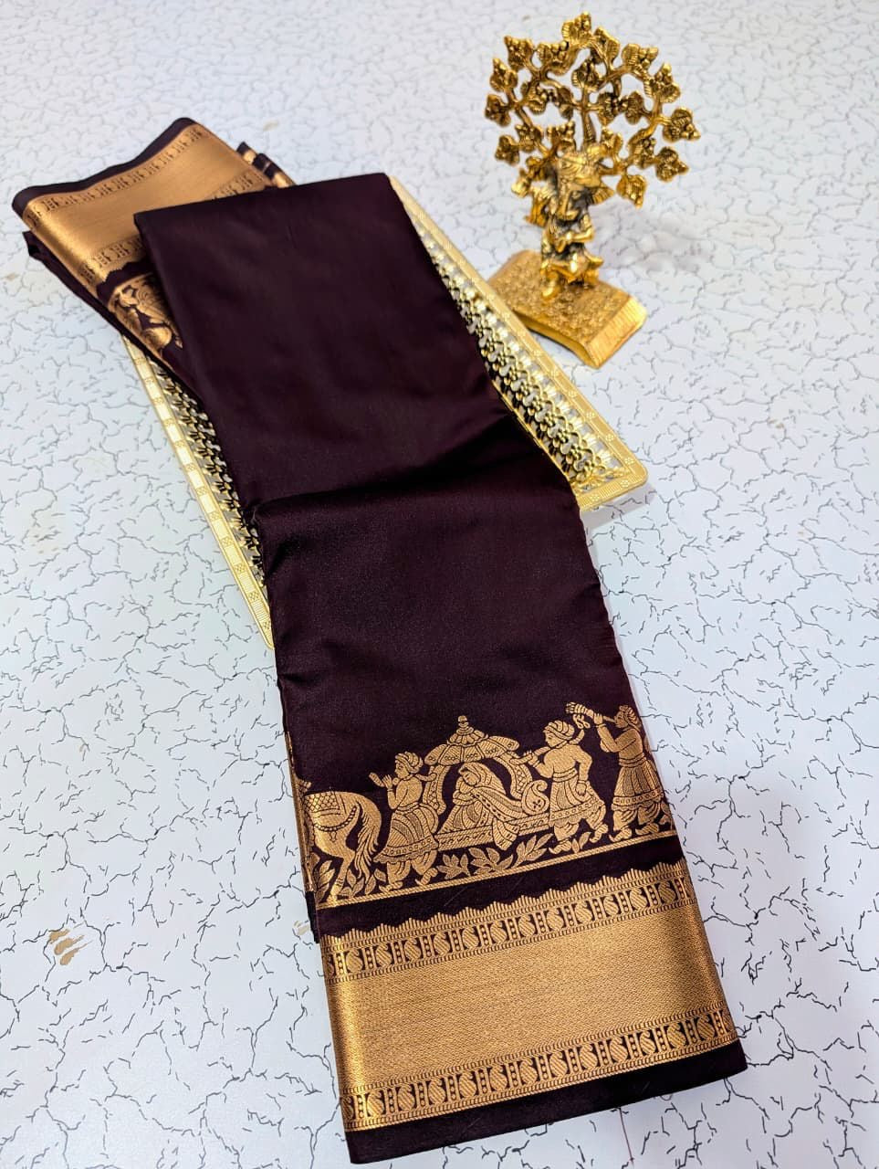 Elegant Brown Soft Silk Saree with Temple Procession Zari Border