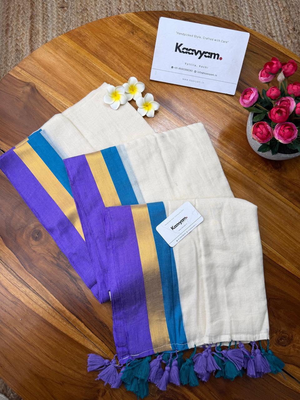 Onam special saree Mulcotton ~white saree purple blue strips  Kasav boarder