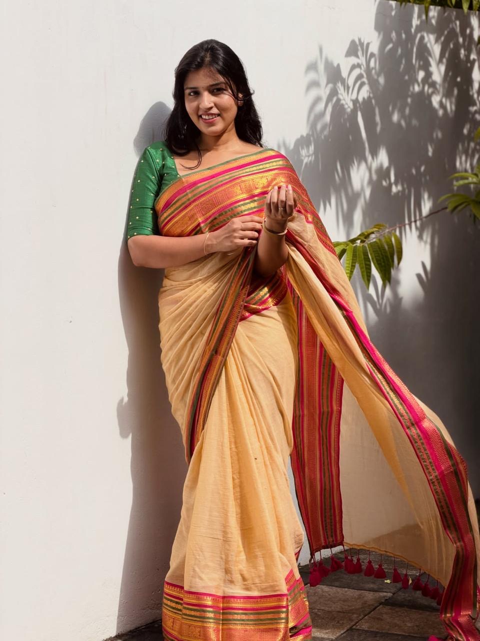 Mul Cotton soft saree - multi colour with strip boarders onam special saree