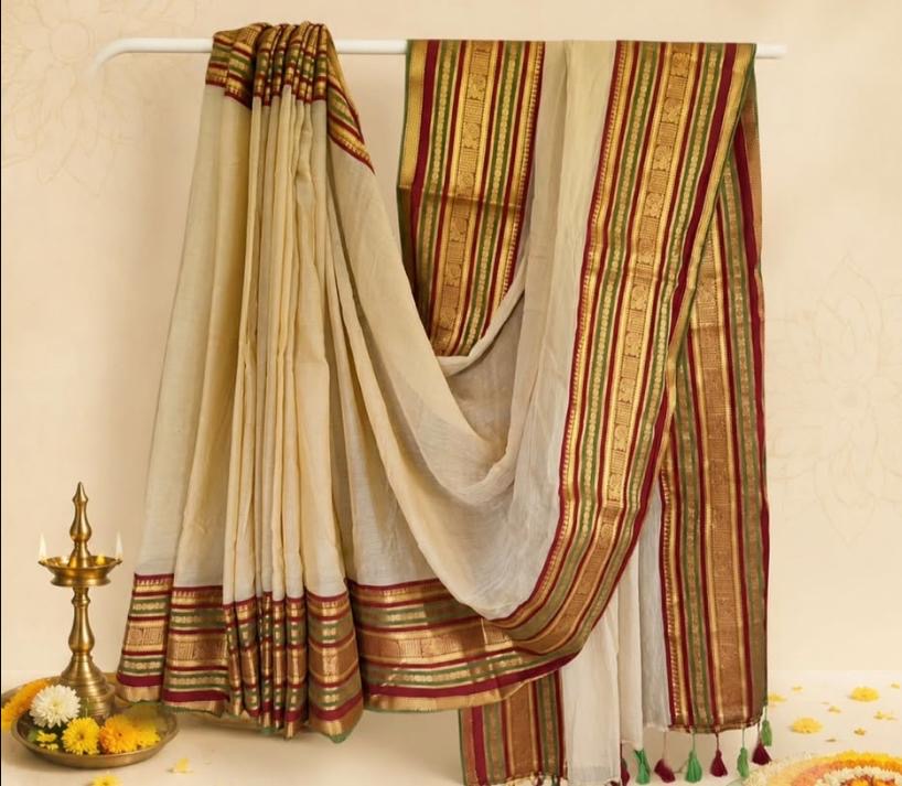 Mul Cotton soft saree - multi colour with strip boarders onam special saree
