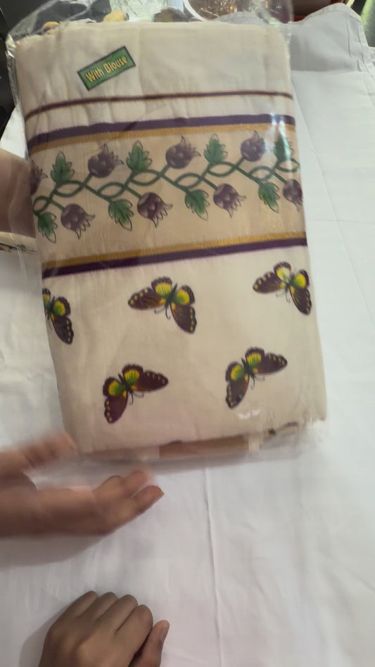 Kerala Cotton saree with butterfly design with blouse- Wine