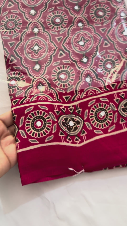 Ajrakh-inspired print  saree mirror work-red