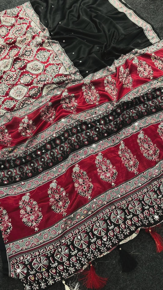 Ajrak gajji moss satin silk mirror work -1